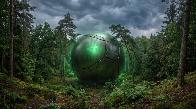 A conceptual rendering of a large alien sphere in a forest setting.