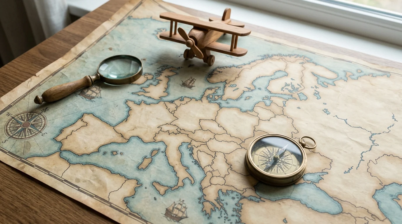 A travel map of Europe with a compass and model plane.