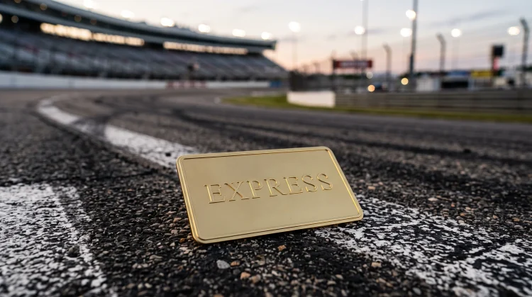 A conceptual gold express pass card on a racing track.