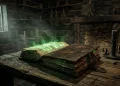 An ancient leather book resting on a wooden table in a dark cabin.