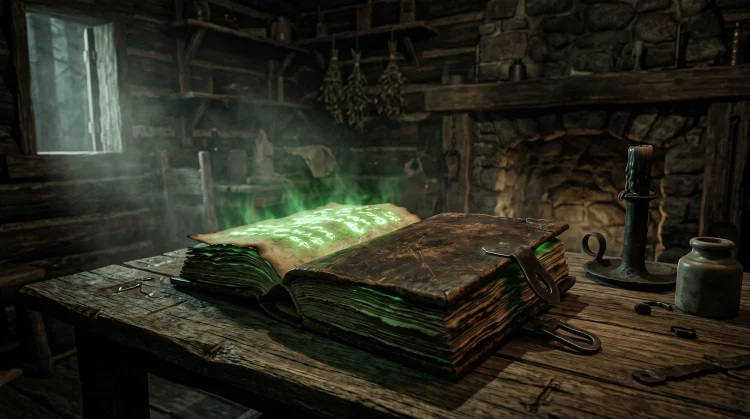 An ancient leather book resting on a wooden table in a dark cabin.