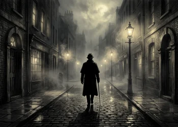 Stylized silhouette of in a foggy Victorian London setting.
