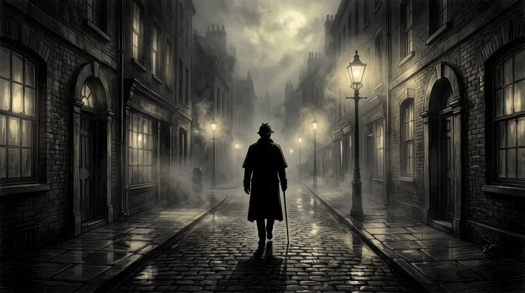 Stylized silhouette of in a foggy Victorian London setting.