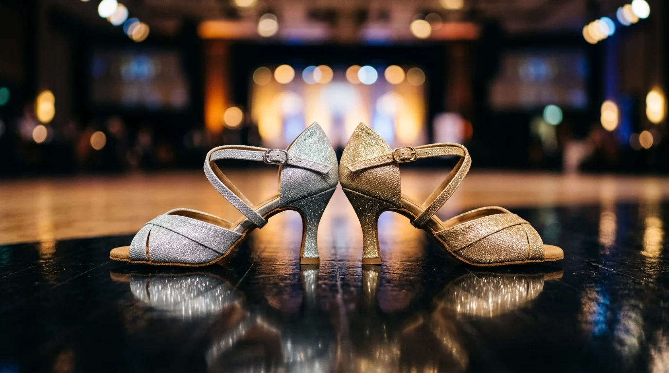 Silver and gold ballroom dance shoes on a reflective floor.
