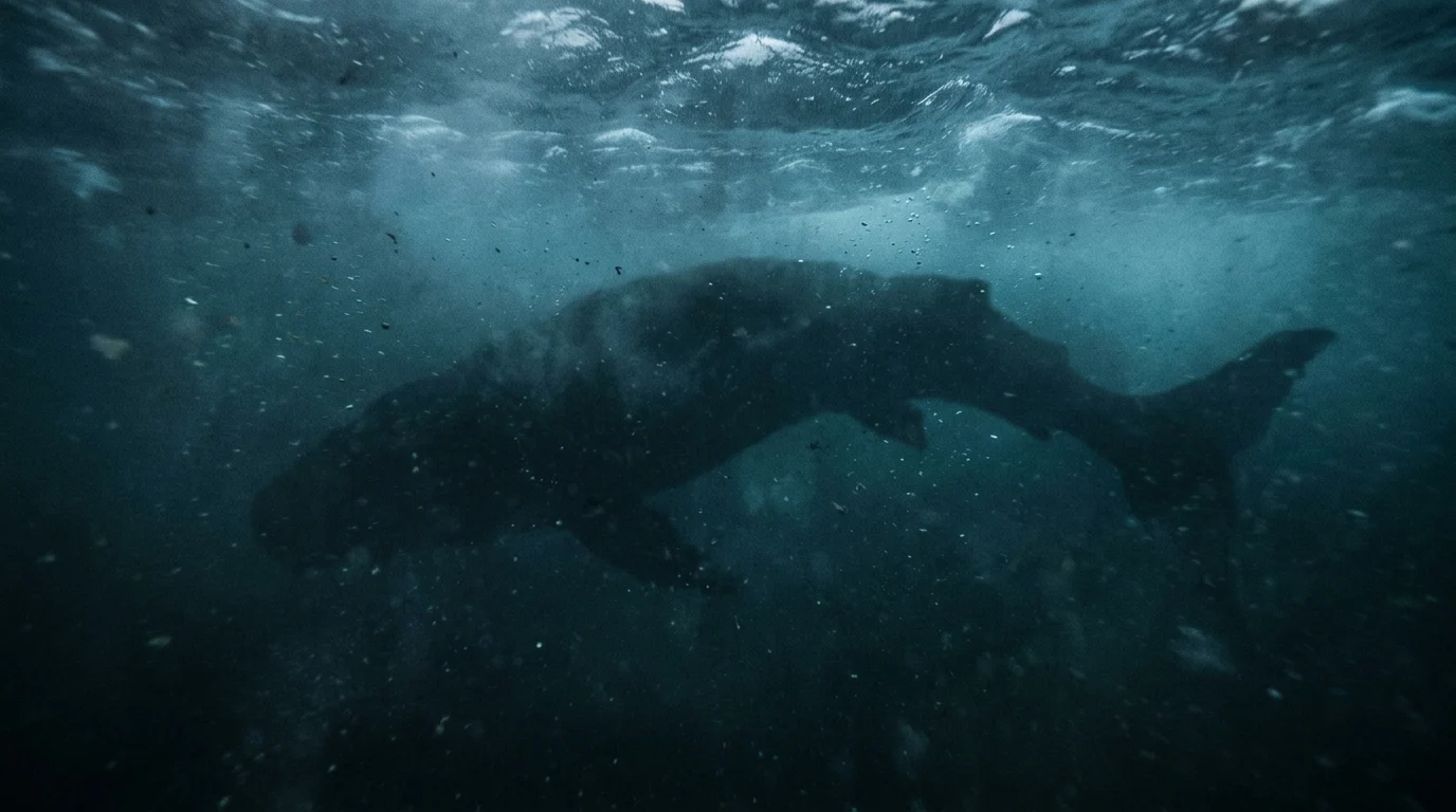 A shadowy sea monster silhouette moving through dark water.