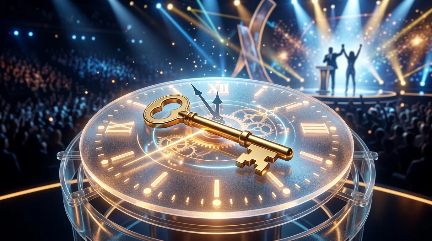 A conceptual graphic of a key and a clock.