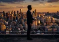 A cinematic silhouette of a man in a suit against a city skyline
