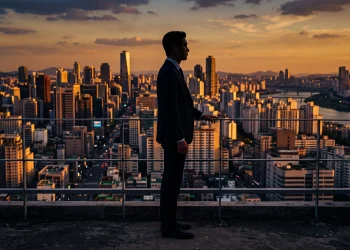 A cinematic silhouette of a man in a suit against a city skyline