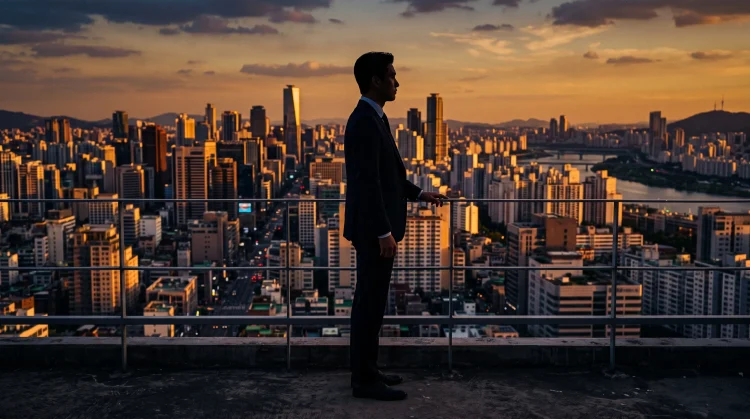A cinematic silhouette of a man in a suit against a city skyline