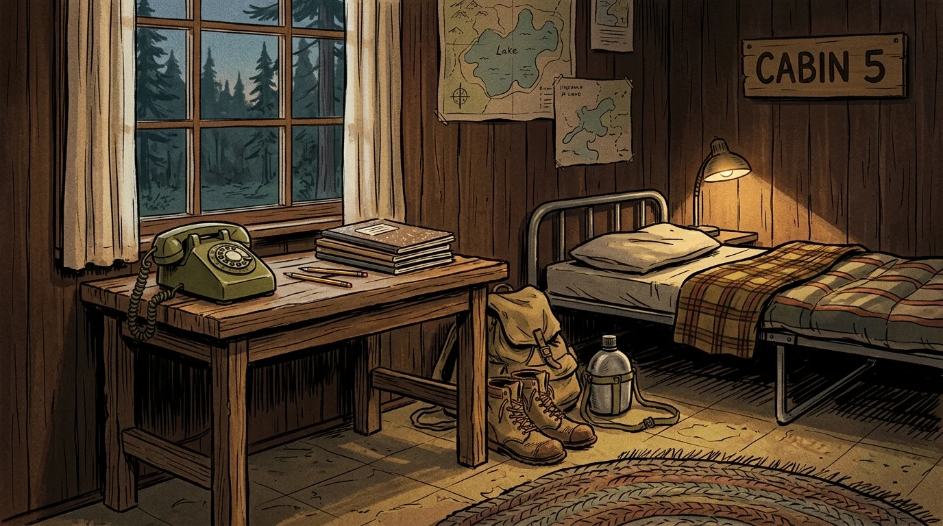 A 1970s themed camp cabin interior with vintage furniture.