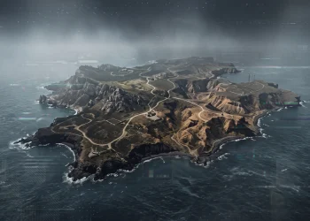 A conceptual landscape of a desolate island with digital distortion.