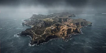 A conceptual landscape of a desolate island with digital distortion.