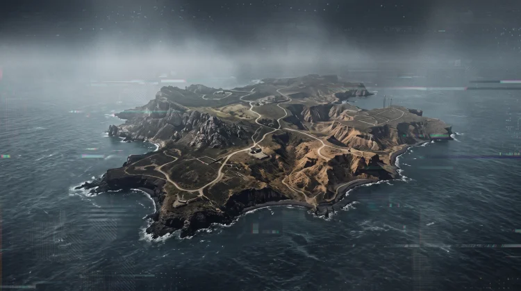 A conceptual landscape of a desolate island with digital distortion.