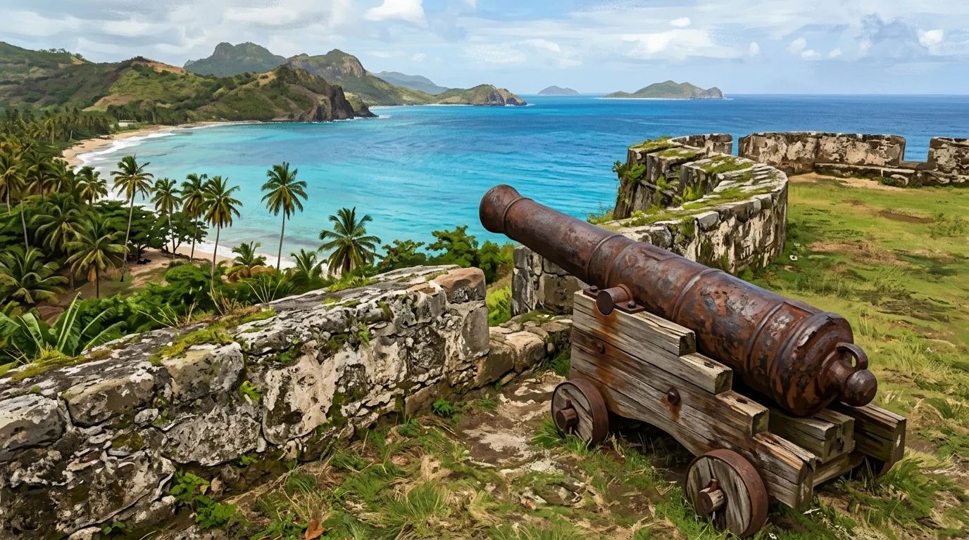 A rusted iron cannon on a stone wall overlooking a tropical beach.