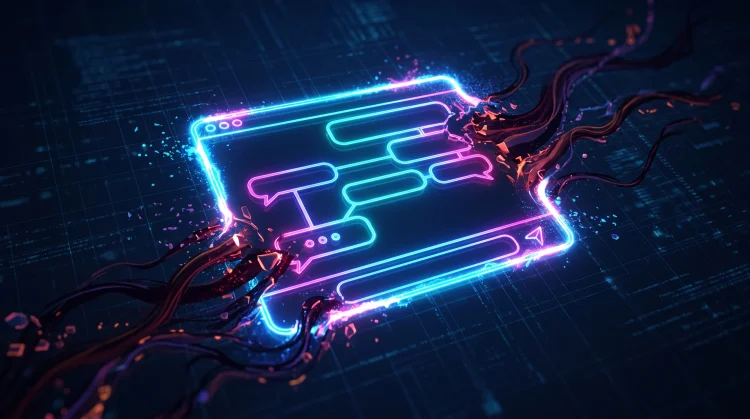Conceptual digital illustration of a compromised software interface with hidden code elements.