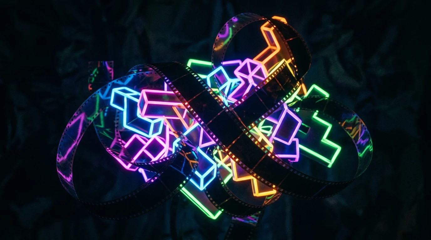 Abstract representation of film strips and puzzle pieces.