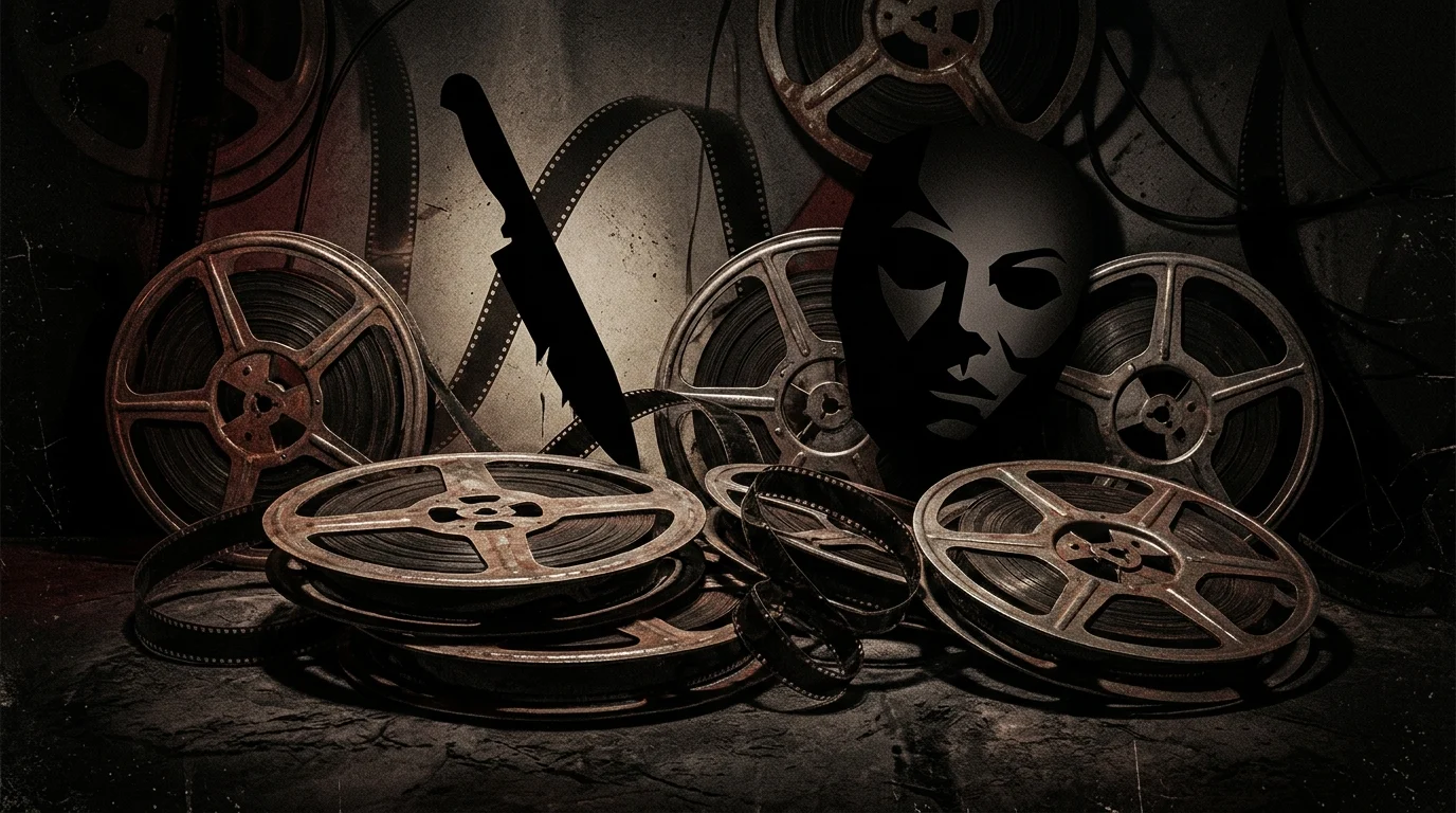 Conceptual art of classic horror film elements and shadows.