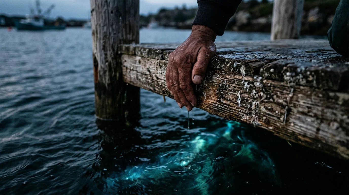 A hand on a dock above mysterious glowing water.