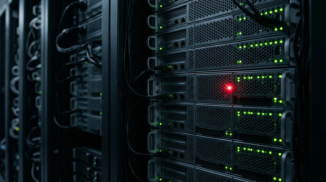 Glowing red light on a server rack indicating a security breach.