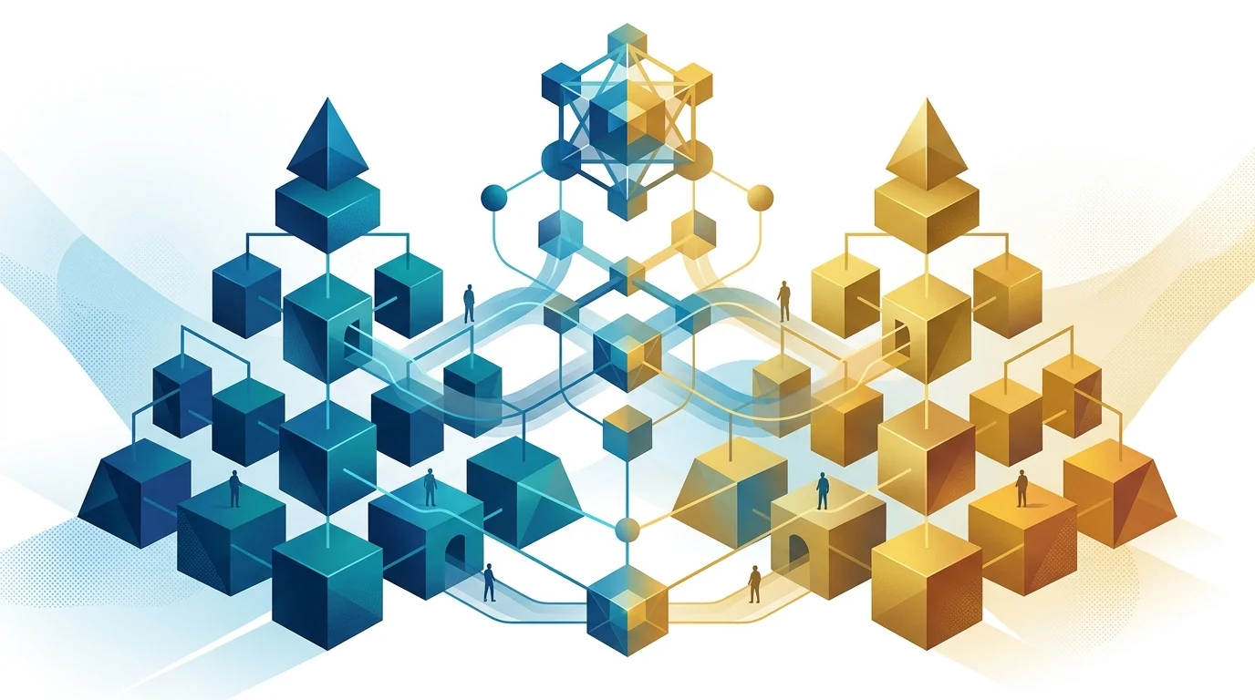 Abstract geometric shapes representing corporate leadership hierarchy.