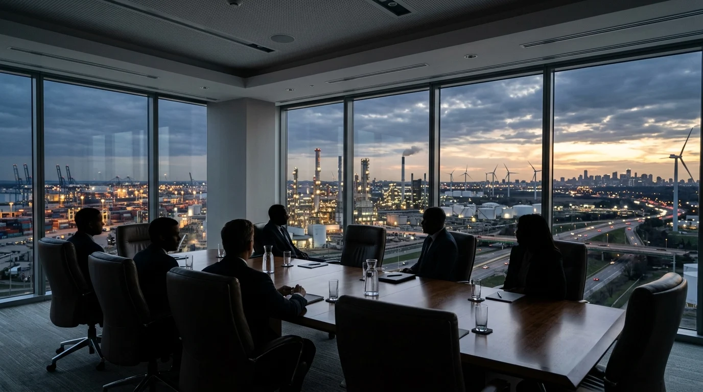 A modern corporate office window overlooking an industrial facility.