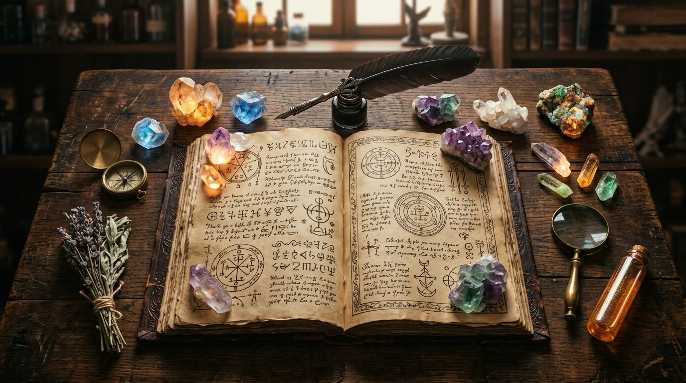 A magical book and crystals on a desk in a dark room.