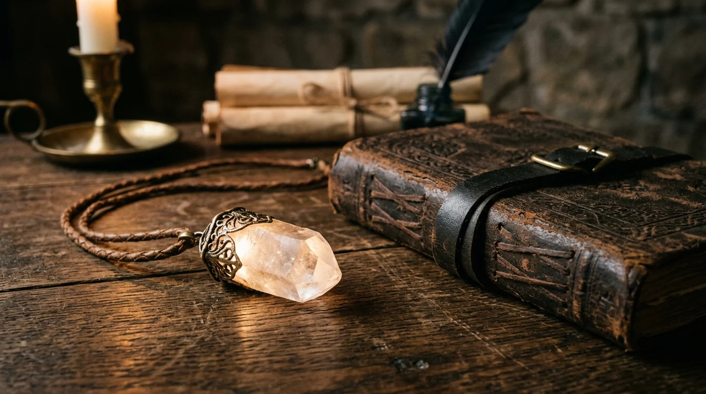 A magical pendant and journal on a wooden desk.