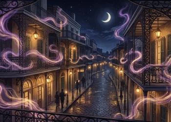 Conceptual art of a New Orleans street at night with magical mist.