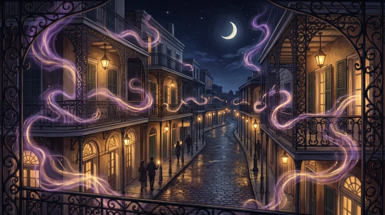 Conceptual art of a New Orleans street at night with magical mist.