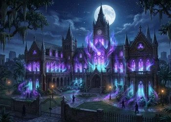 Conceptual art of a supernatural boarding school at night in New Orleans.