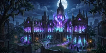 Conceptual art of a supernatural boarding school at night in New Orleans.