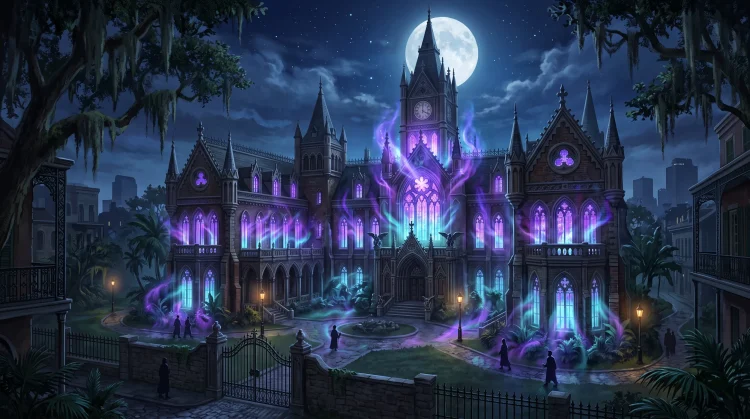Conceptual art of a supernatural boarding school at night in New Orleans.