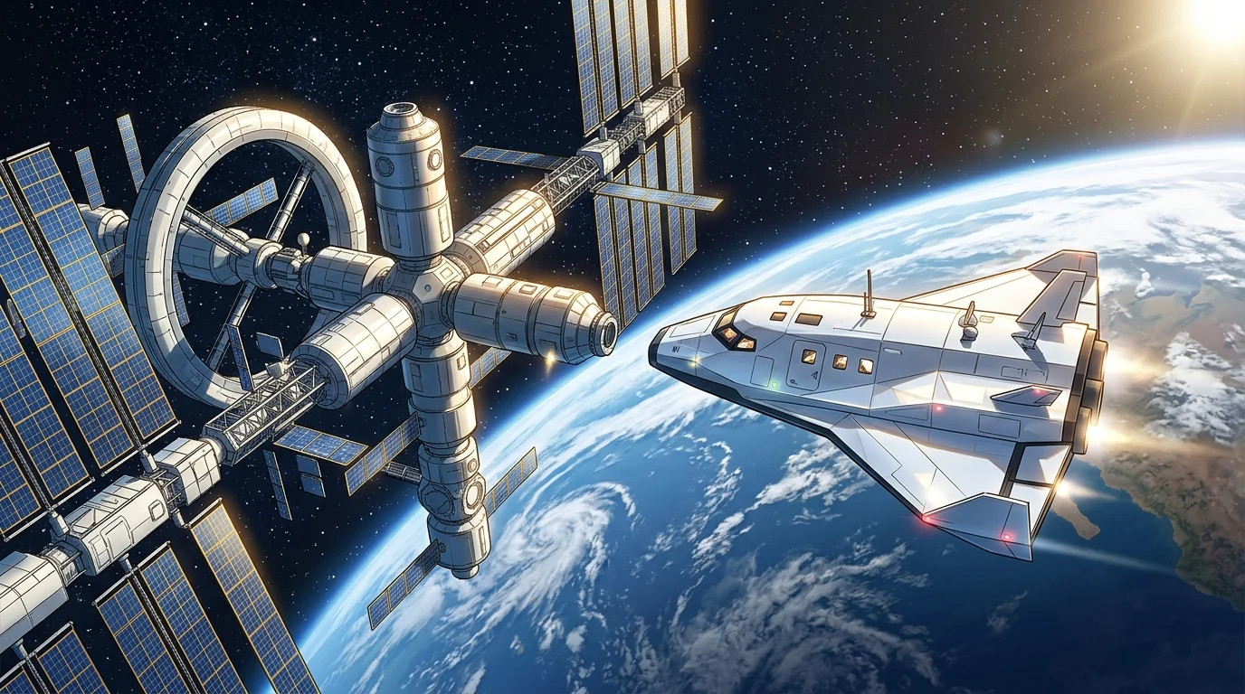 A sleek white spacecraft in orbit around Earth heading toward the International Space Station.