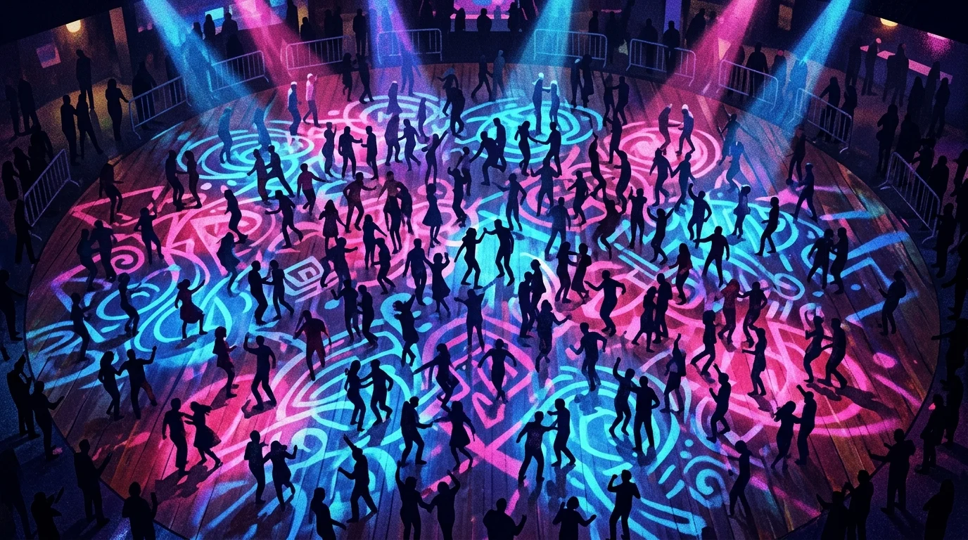 Colorful spotlights illuminating a dark ballroom floor.