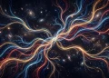 An artistic visualization of multiple golden paths intersecting in a dark space.
