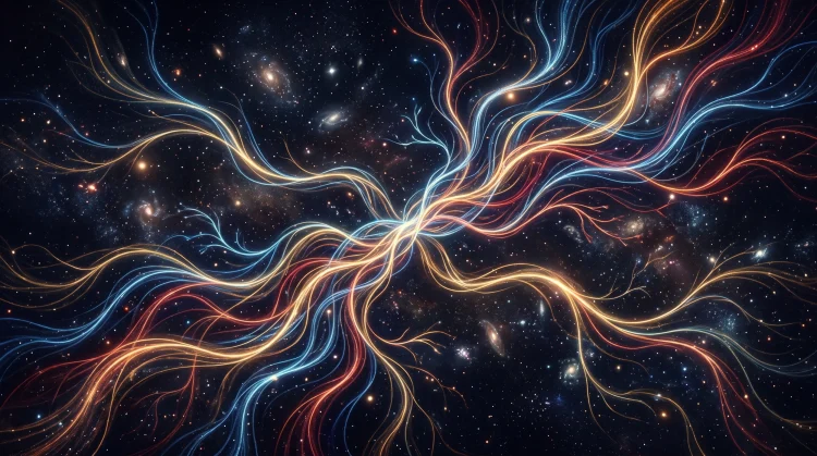 An artistic visualization of multiple golden paths intersecting in a dark space.