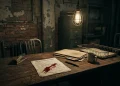 A blood-stained job application on a dark desk under a single light.