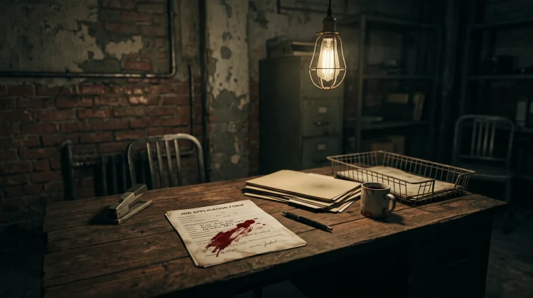 A blood-stained job application on a dark desk under a single light.