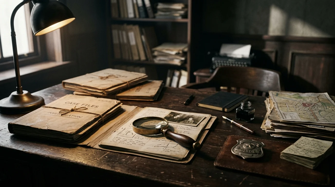 Conceptual detective desk with files and a badge representing crime drama productions.