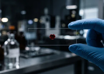 A conceptual image of a single blood droplet on a laboratory slide symbolizing the franchise.