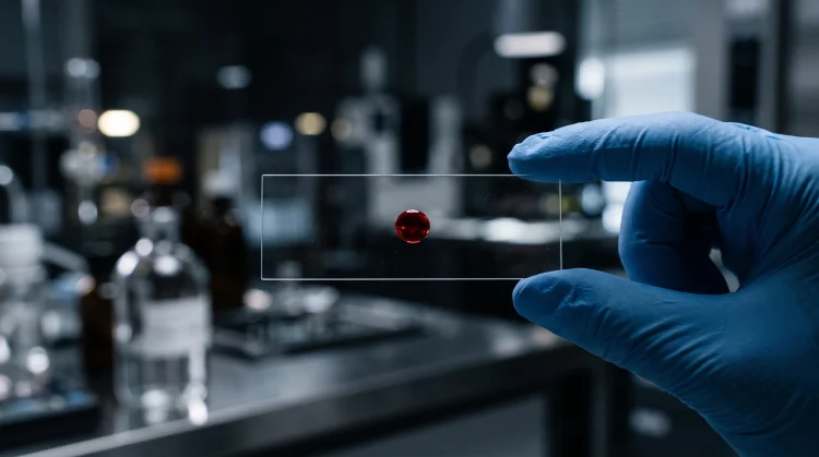 A conceptual image of a single blood droplet on a laboratory slide symbolizing the franchise.