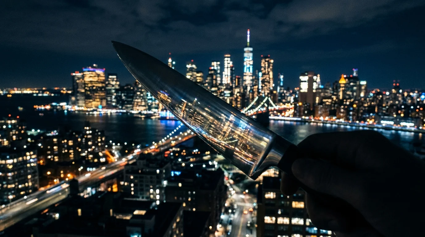 A metallic reflection of the NYC skyline at night.
