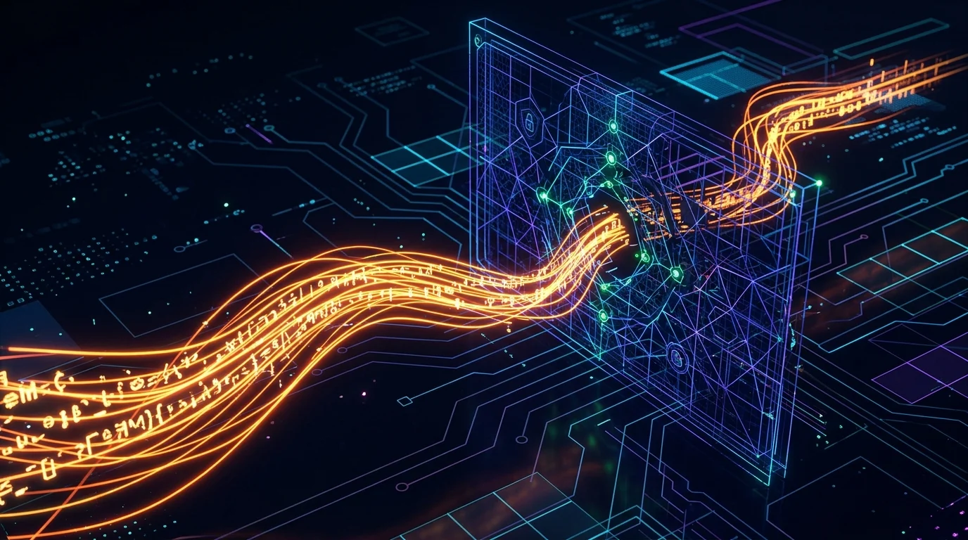 Abstract digital visualization of a data filter being bypassed.
