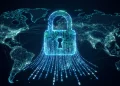 Abstract digital security lock breaking apart into data streams.