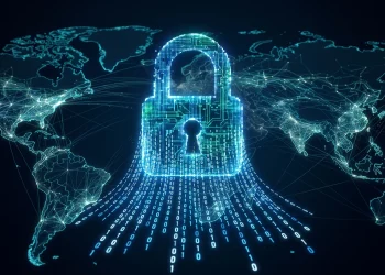 Abstract digital security lock breaking apart into data streams.