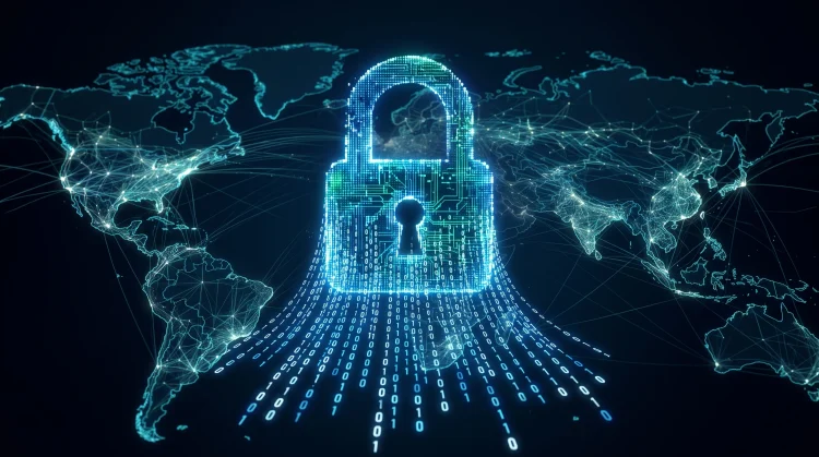 Abstract digital security lock breaking apart into data streams.