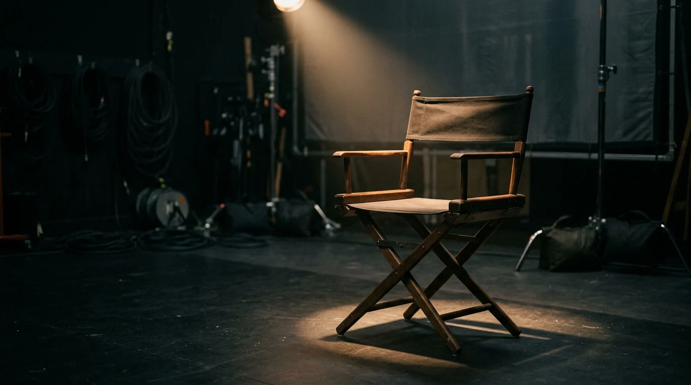 A director's chair on a dark film set with spotlight