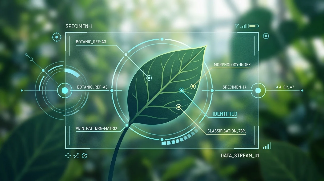 Conceptual view of an AI camera identifying a plant through a digital viewfinder.