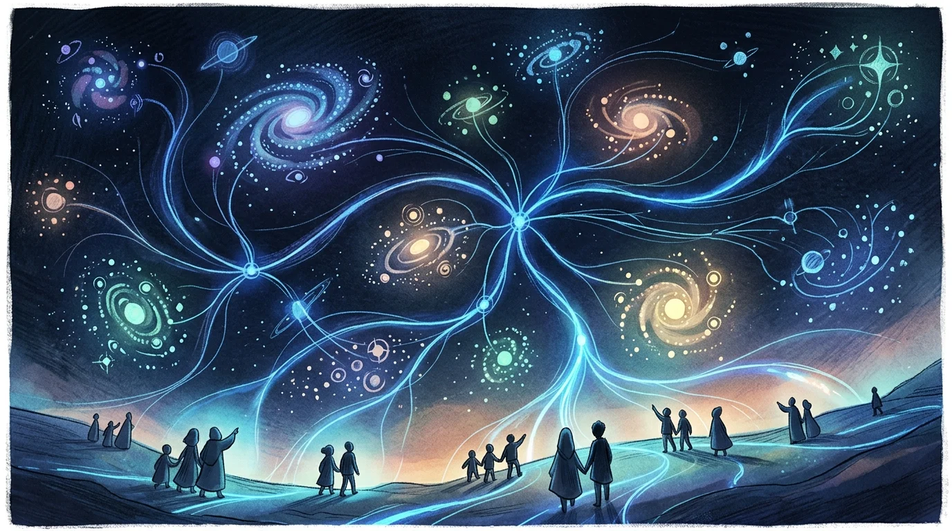 A conceptual celestial map representing the expansion of a multiverse in anime style.