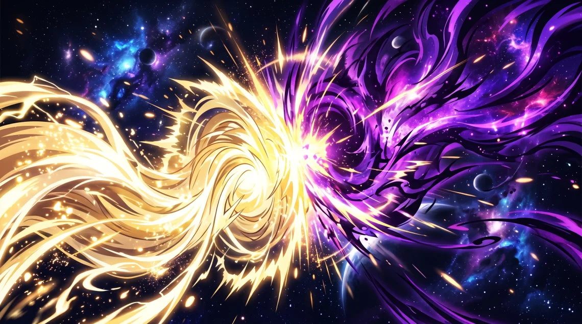 A conceptual anime-style energy clash between golden and purple light in space.